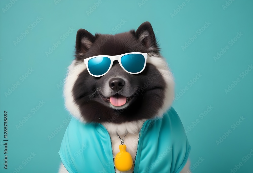 Fototapeta premium A samoyed wearing large sunglasses , against a teal background
