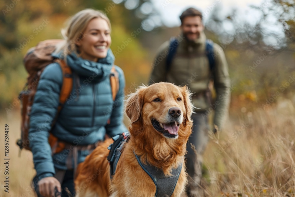 Two hikers enjoy a sunny day in nature with their golden retriever in the autumn landscape Two hikers enjoy a sunny day in nature with their golden retriever in the autumn landscape