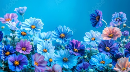 A bunch of blue and purple flowers on a blue background