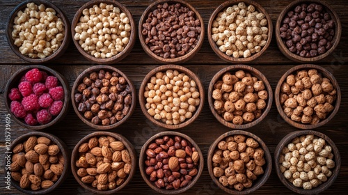 A variety of nuts in wooden bowls on a table
