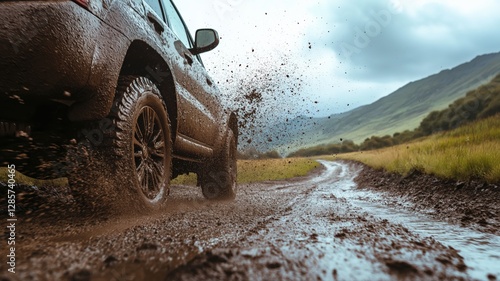 close-up shot of an all-terrain vehicle navigating through mud and water photo