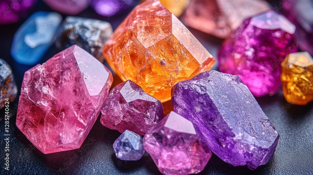 On a dark background, a variety of gemstones, including amethyst and natural sapphire, glitter. On a dark background, a variety of gemstones, including amethyst and natural sapphire, glitter.
