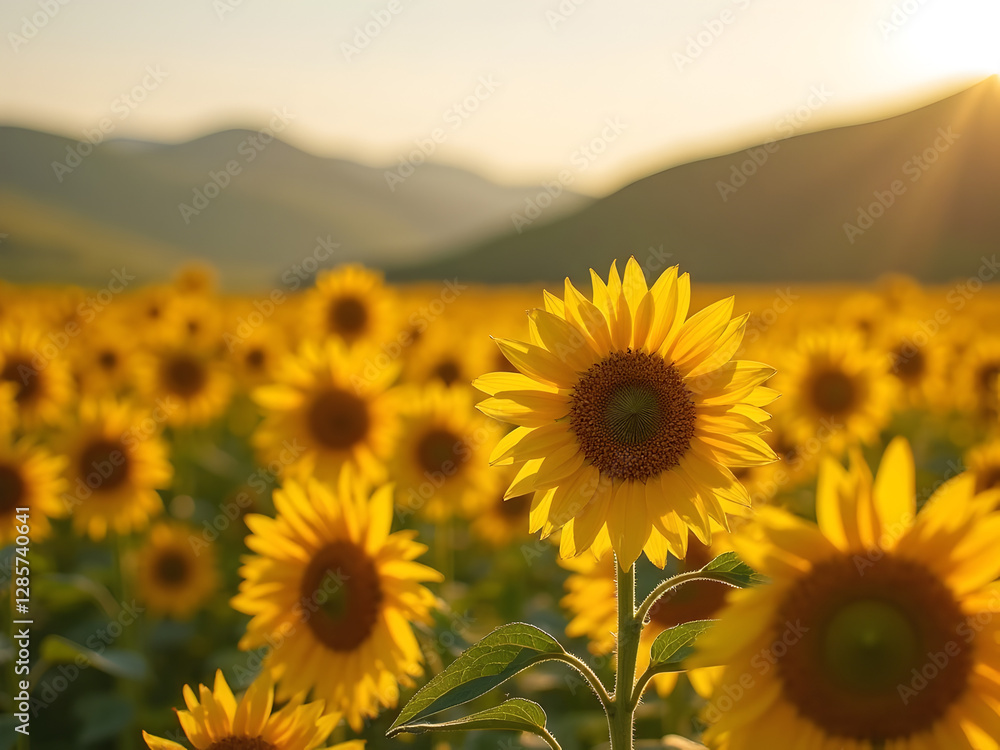 Fototapeta premium A Field of Golden Sunflowers in the Afternoon Glow: A detailed close-up of golden sunflowers standing tall in a vast field, their petals forming a bright floral carpet under the warm afternoon sun.