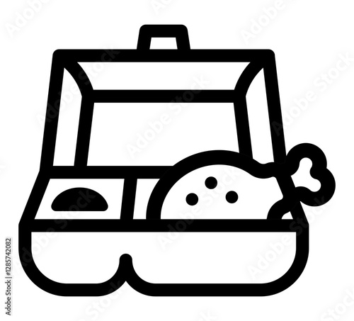 A black-and-white vector icon of a food delivery box containing a drumstick and side dish.