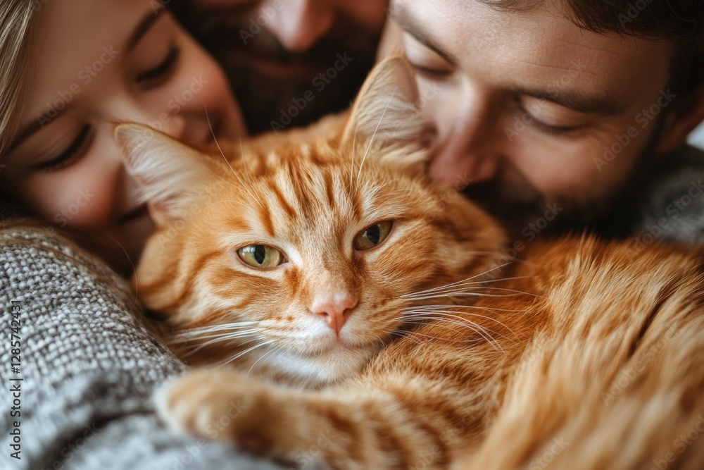 Happy family bonding time with a fluffy orange cat in a cozy living room during the afternoon Happy family bonding time with a fluffy orange cat in a cozy living room during the afternoon