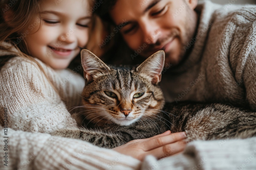 Family bonding time with a cat by the fireplace during a cozy winter afternoon Family bonding time with a cat by the fireplace during a cozy winter afternoon
