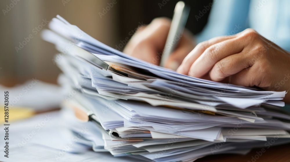 Fototapeta premium Overwhelmed by Paperwork: A Close-up of Hands Sorting Through a Stack of Documents
