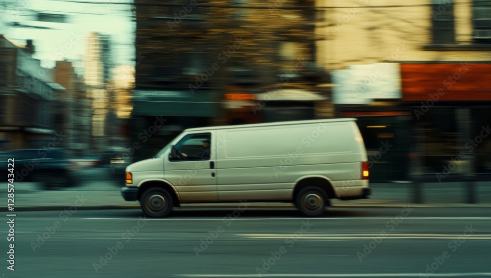 white delivery cargo van on street, with motion blur, side view, city background white delivery cargo van on street, with motion blur, side view, city background