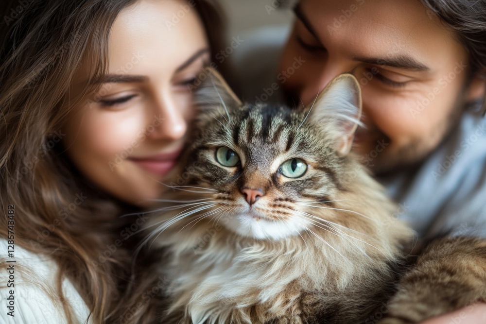 Couple enjoys quality time with their fluffy cat at home during a cozy afternoon Couple enjoys quality time with their fluffy cat at home during a cozy afternoon