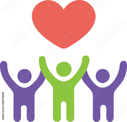 Happy family icon multicolored in simple figures. Two children, dad and mom stand together. Vector can be used as logotype