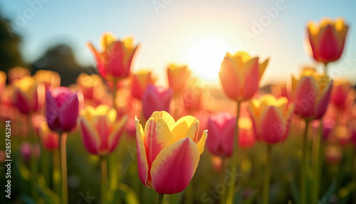 Vibrant tulip flowers in shades of pink and yellow blooming in a field during sunrise