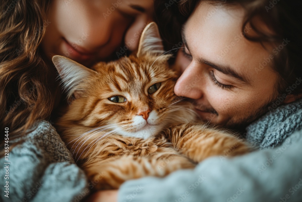 Couple cuddling with their orange tabby cat in a cozy indoor setting during a relaxing afternoon Couple cuddling with their orange tabby cat in a cozy indoor setting during a relaxing afternoon
