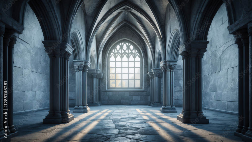 Fototapeta premium A gothic architectural theme in a catholic church or cathedral, with ornate stone patterns and detailed sculptural elements, typical of Gothic design, showing signs of age and weathering