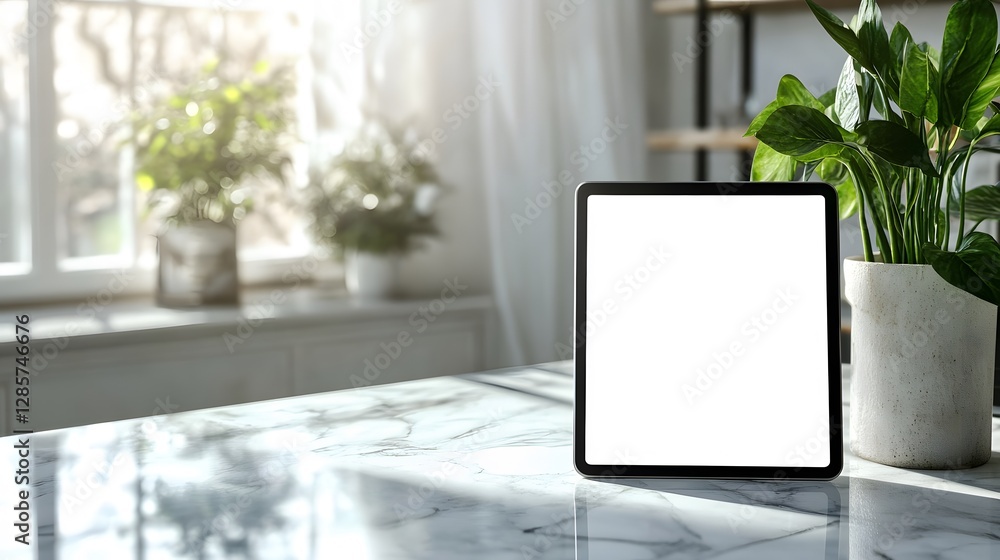 Blank Tablet on Marble Table with Natural Light and Green Plants Blank Tablet on Marble Table with Natural Light and Green Plants