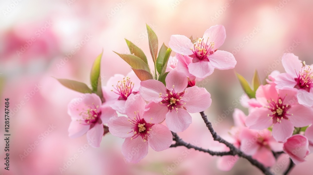 Pink sakura blossom branches in full bloom against soft focus background Pink sakura blossom branches in full bloom against soft focus background