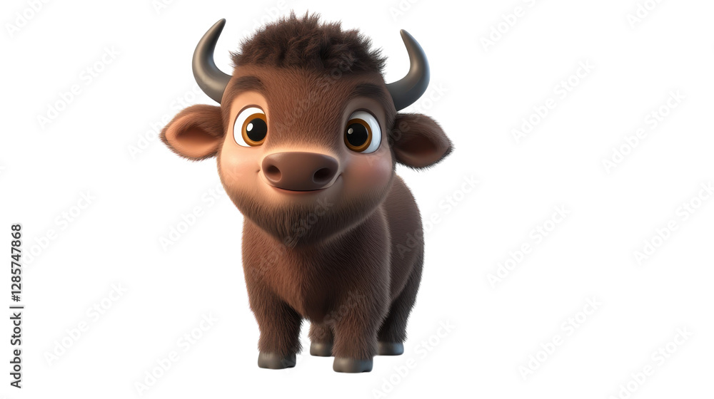 Cute cartoon bull character standing with a friendly expression and large eyes on a white background Cute cartoon bull character standing with a friendly expression and large eyes on a white background