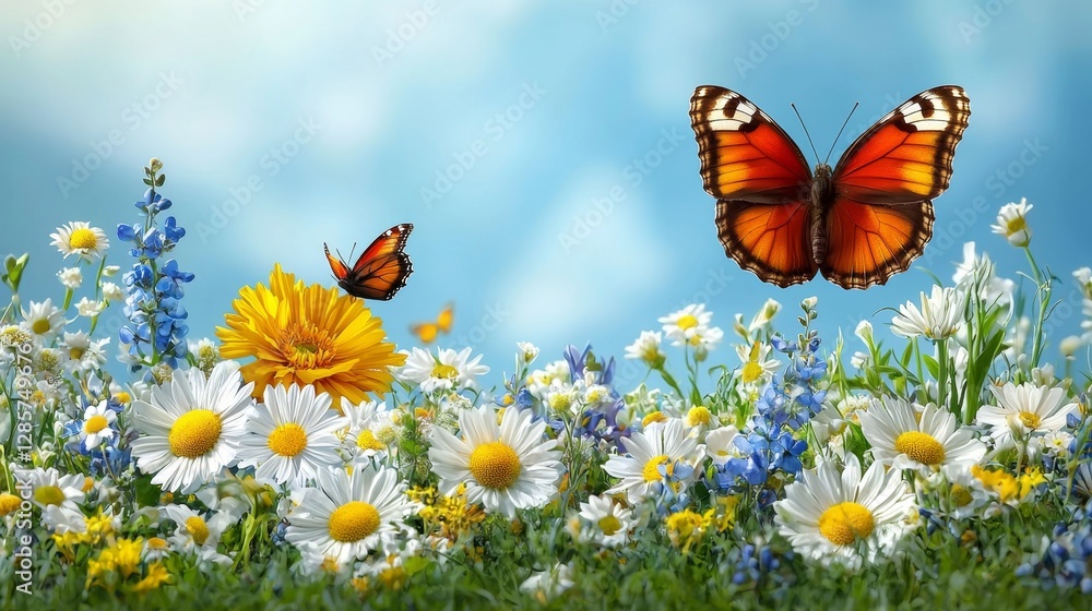 A field of flowers with butterflies flying over it A field of flowers with butterflies flying over it