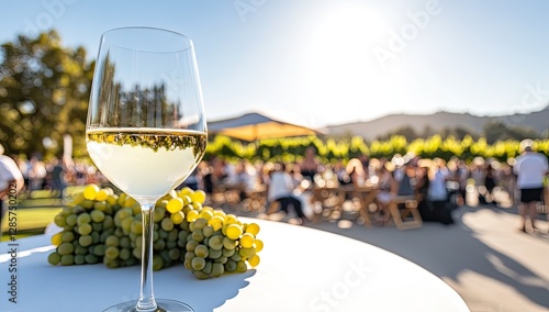White wine glass and grapes at a vineyard gathering
