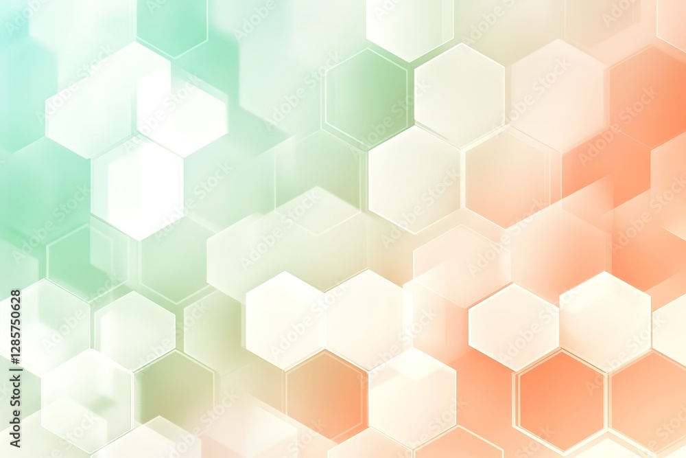 Fototapeta premium A geometric soft light background featuring a seamless hexagonal grid in pastel colors like mint green and light coral. Gradients flow softly between shapes, with a faint glow effect adding elegance.