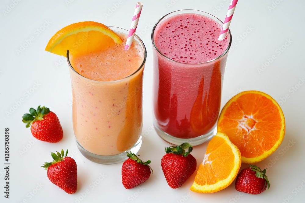 Refreshing strawberry and orange smoothies with fresh fruit garnish Refreshing strawberry and orange smoothies with fresh fruit garnish