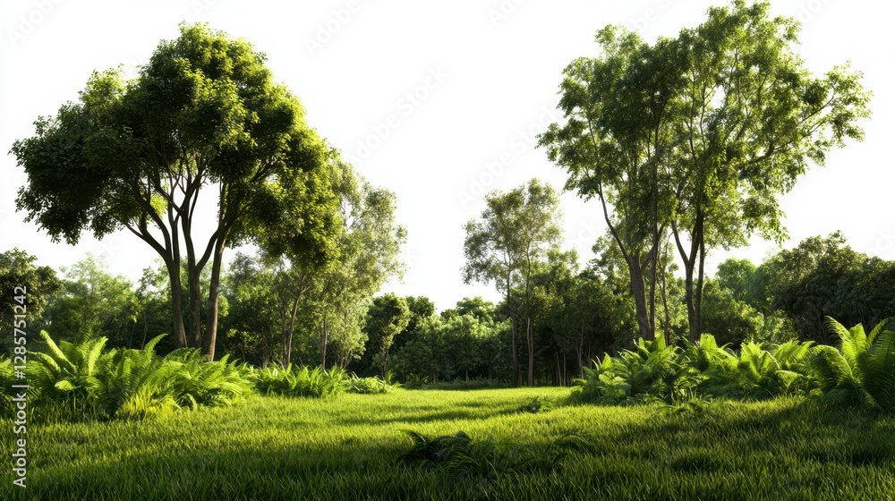 Fototapeta premium Lush Tropical Forest on White, vibrant greenery, intricate foliage, isolated setting, serene and inviting atmosphere