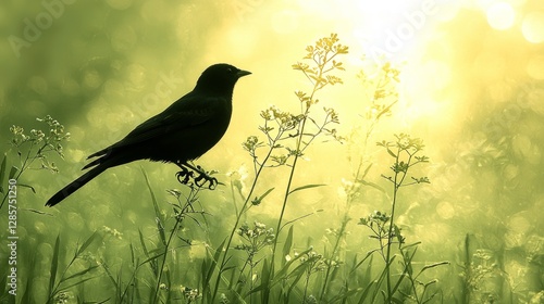 A black bird sitting on top of a grass covered field