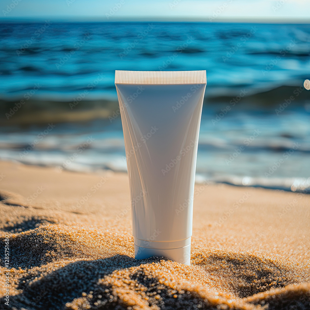 A tube of sunscreen without any inscriptions on the sea background. High quality photo A tube of sunscreen without any inscriptions on the sea background. High quality photo