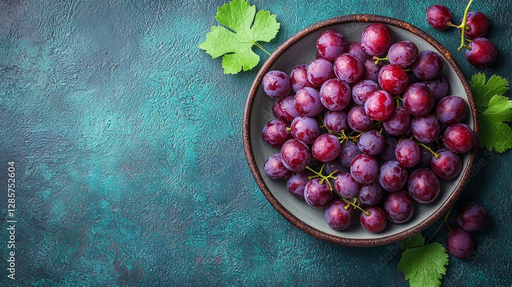 A bowl of red grapes with green leaves on a blue background