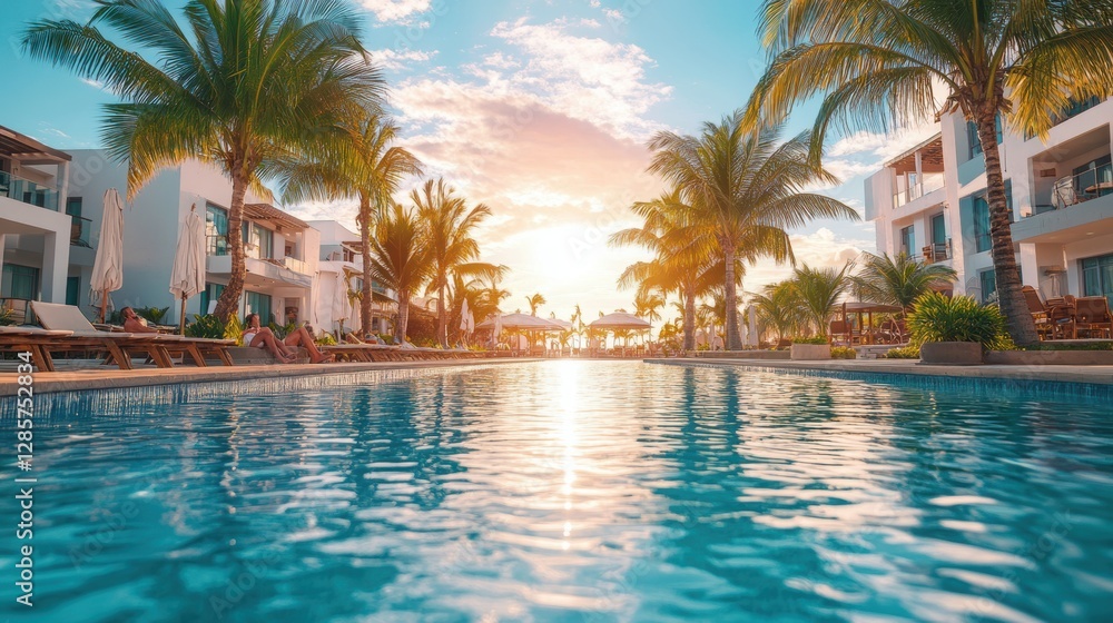 Obraz premium All-Inclusive Resorts: A photo of guests enjoying various activities at an all-inclusive resort, including dining, swimming, and entertainment, highlighting convenience and luxury.