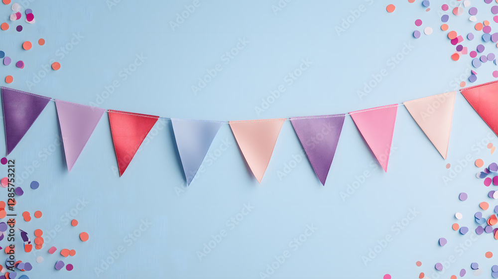 Obraz premium Festive Banner with Multicolored Triangular Flags on a Blue Surface