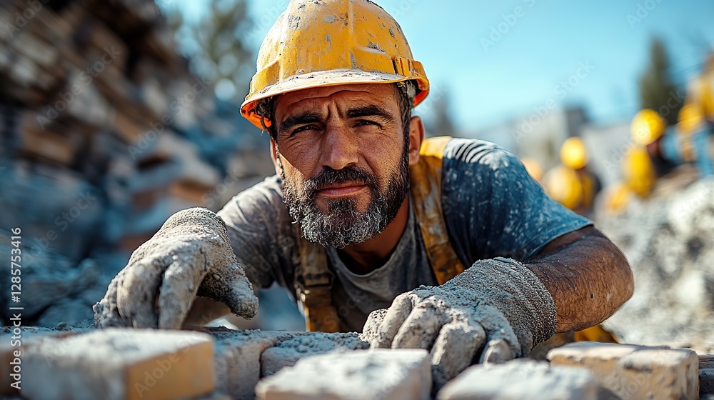 Under a clear blue sky, a hardworking worker lays bricks on a large construction site Under a clear blue sky, a hardworking worker lays bricks on a large construction site