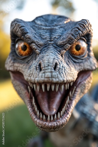 A close up of a dinosaur head with its mouth open
