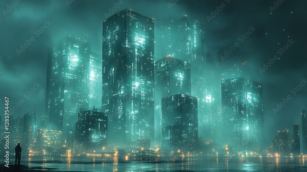 Obraz premium Ethereal teal cityscape glows mysteriously under a heavy fog futuristic architecture dominates the scene. AI Generated