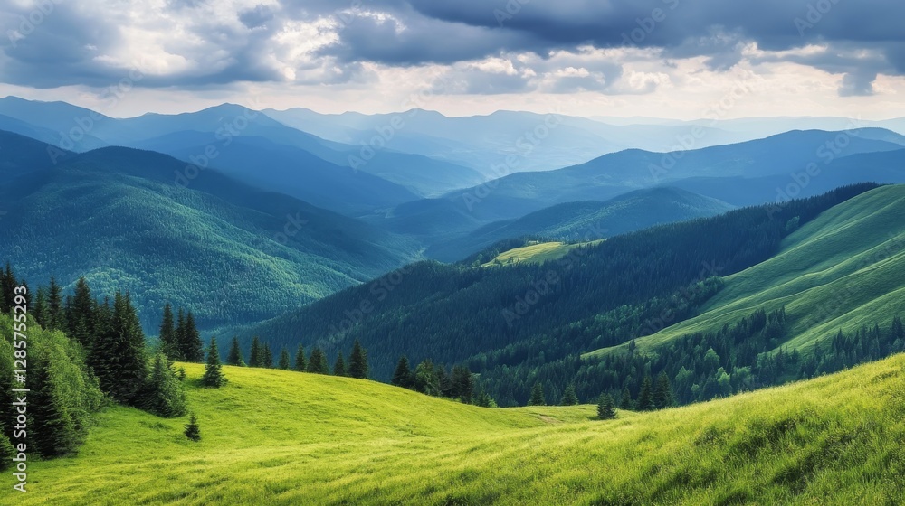 Rolling green hills stretch out beneath a cloudy sky, dotted with lush coniferous forests. The mountain slopes gleam in the summer sunlight, creating a breathtaking natural panorama. Rolling green hills stretch out beneath a cloudy sky, dotted with lush coniferous forests. The mountain slopes gleam in the summer sunlight, creating a breathtaking natural panorama.