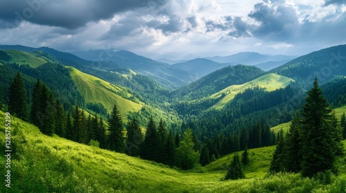 Wallpaper Mural Rolling green hills stretch out beneath a cloudy sky, dotted with lush coniferous forests. The mountain slopes gleam in the summer sunlight, creating a breathtaking natural panorama. Torontodigital.ca