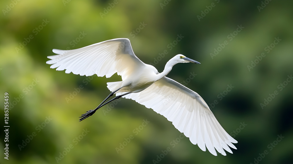 Graceful Great Egret in Flight Against Lush Green Background : Generative AI Graceful Great Egret in Flight Against Lush Green Background : Generative AI