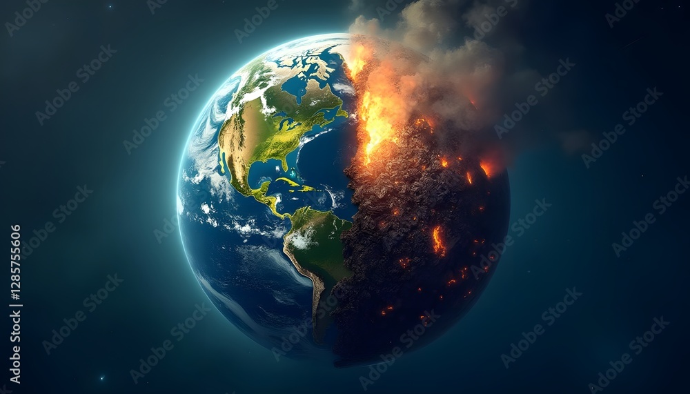 Burning Planet Earth Half in Flames Global Warming Concept Burning Planet Earth Half in Flames Global Warming Concept