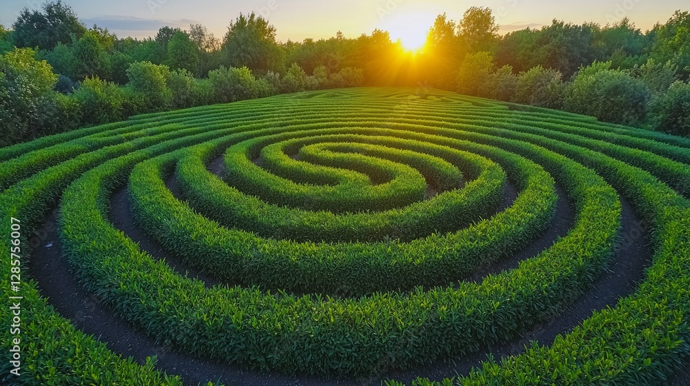 A large green maze in the middle of a field A large green maze in the middle of a field