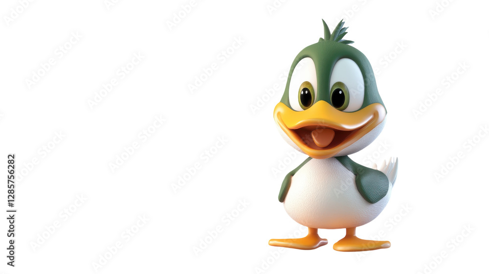Cheerful cartoon duck character with vibrant colors and friendly expression stands against a plain background