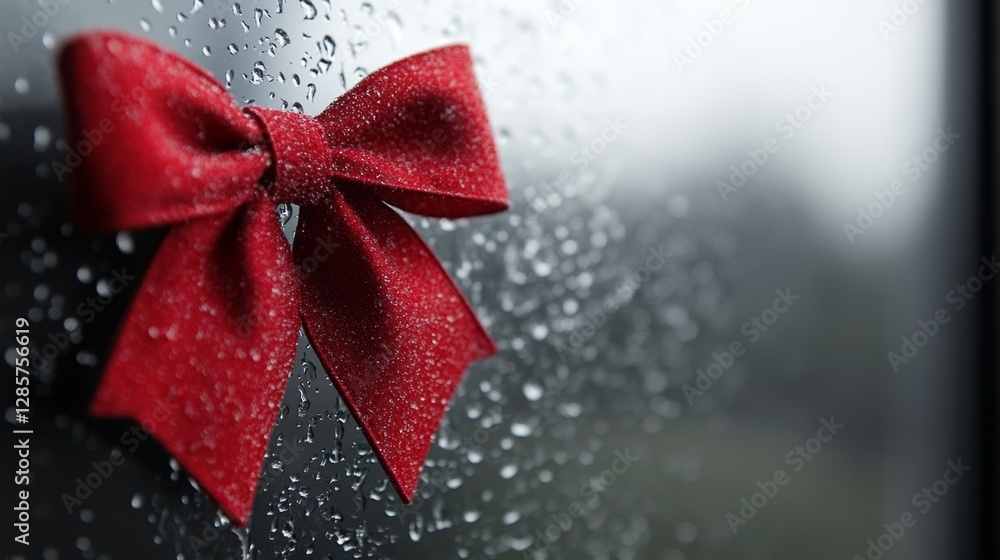 A red bow on a window with water droplets A red bow on a window with water droplets