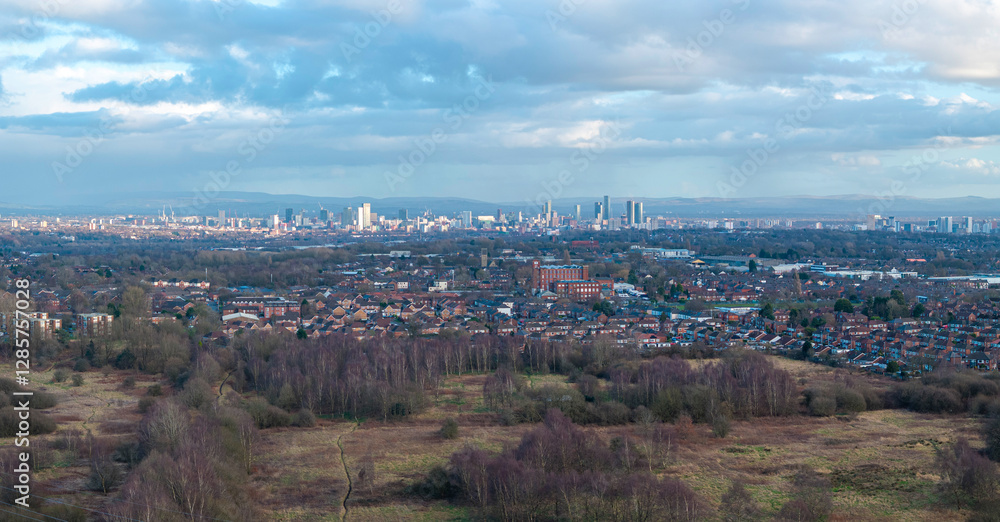 Obraz premium Panoramic aerial image of Manchester Skyline from Swinton area. 