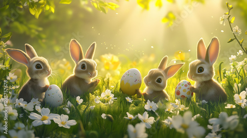 Animated Bunnies Enjoying Easter in Spring Field
