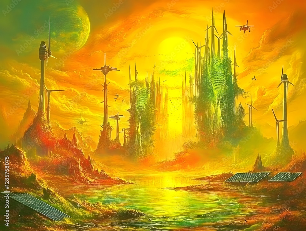 Obraz premium Vibrant futuristic landscape with wind turbines and solar panels under a glowing sunset