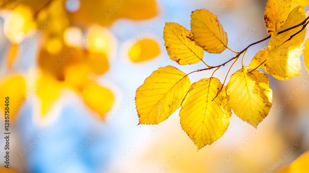 Close-Up of Bright Yellow Autumn Leaves on Branch with Colorful Background : Generative AI Close-Up of Bright Yellow Autumn Leaves on Branch with Colorful Background : Generative AI