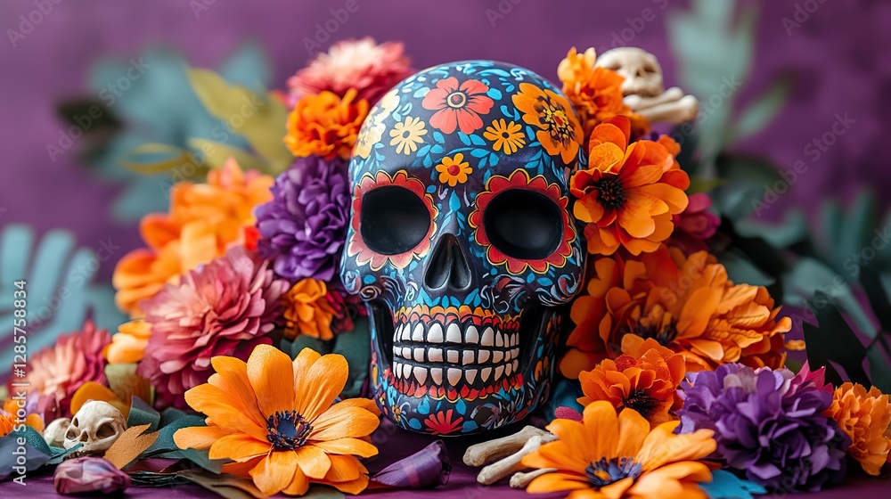 Vibrant Day of the Dead scene with skull, colorful paper decorations, flowers, and bones on purple. Vibrant Day of the Dead scene with skull, colorful paper decorations, flowers, and bones on purple.