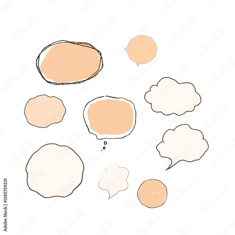Hand-drawn sketch in Color sketchnote style using natural earth tones. Browns and beiges create a muted color palette. Cute speech bubbles and thought clouds feature round, oval, and jagged shapes. Hand-drawn sketch in Color sketchnote style using natural earth tones. Browns and beiges create a muted color palette. Cute speech bubbles and thought clouds feature round, oval, and jagged shapes.