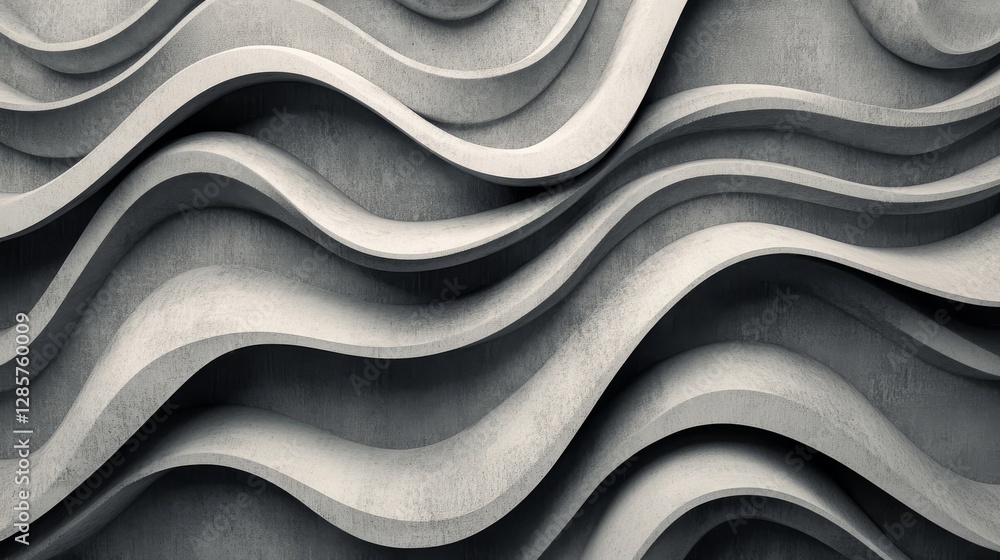 Architectural abstraction with fluid and organic wavy lines in grayscale