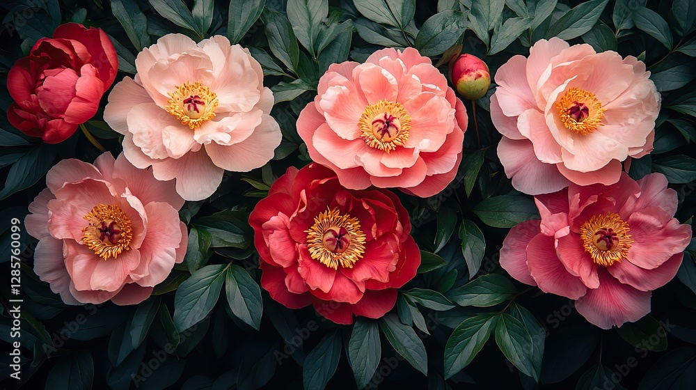 Vibrant red and pink peonies with lush green leaves and delicate petals Vibrant red and pink peonies with lush green leaves and delicate petals