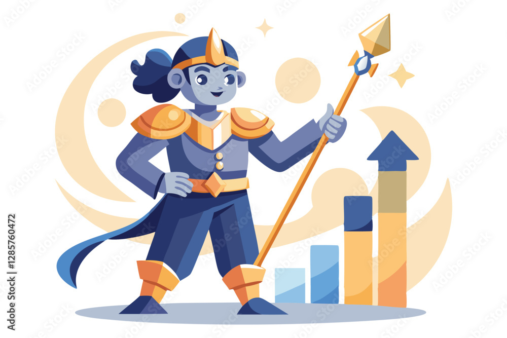 A stylized cartoon character triumphantly holds aloft a giant, upward-pointing arrow, signifying success and growth. Detailed, vibrant colors. A stylized cartoon character triumphantly holds aloft a giant, upward-pointing arrow, signifying success and growth. Detailed, vibrant colors.