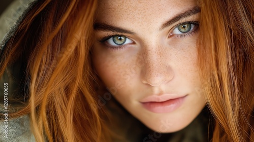 Wallpaper Mural Woman with striking green eyes and red hair poses naturally in a soft light setting, showcasing unique freckles and a serene expression Torontodigital.ca